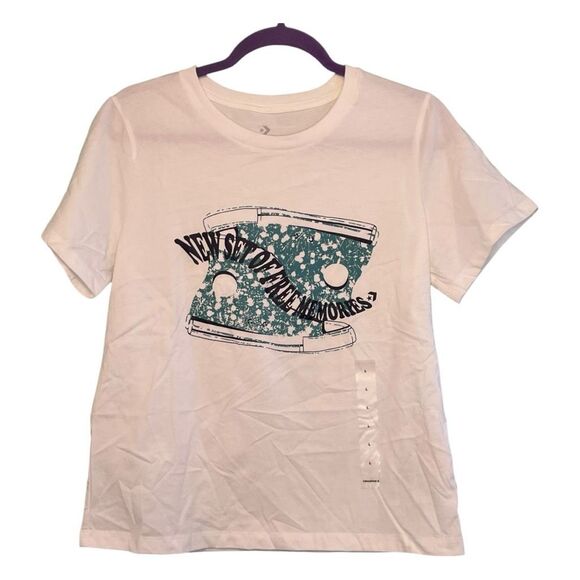 Converse Green High Tops Graphic Tee White Green Knit Short Sleeve L - Picture 1 of 5